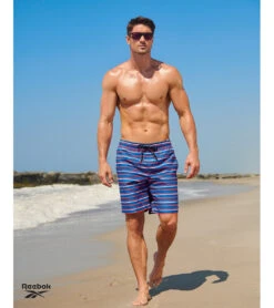 Reebok Men's Stripe Flow 9" Swim Trunks -Optimal Swimming Equipment 7167533973672 navyblue 5a