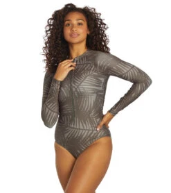Sporti X Stef Corgel Manhattan Beach Palm Shadow Zip Front Long-Sleeve One Piece Swimsuit -Optimal Swimming Equipment 7360963903656 blacksand 4a