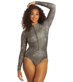 Sporti X Stef Corgel Manhattan Beach Palm Shadow Zip Front Long-Sleeve One Piece Swimsuit -Optimal Swimming Equipment 7360963903656 blacksand 5a