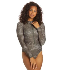 Sporti X Stef Corgel Manhattan Beach Palm Shadow Zip Front Long-Sleeve One Piece Swimsuit -Optimal Swimming Equipment 7360963903656 blacksand 6a