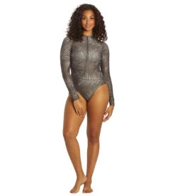 Sporti X Stef Corgel Manhattan Beach Palm Shadow Zip Front Long-Sleeve One Piece Swimsuit -Optimal Swimming Equipment 7360963903656 blacksand 8a