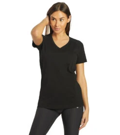 Arena Women's Team Line Short Sleeve V Neck T Shirt -Optimal Swimming Equipment 7403601723560 blacknologo 5a